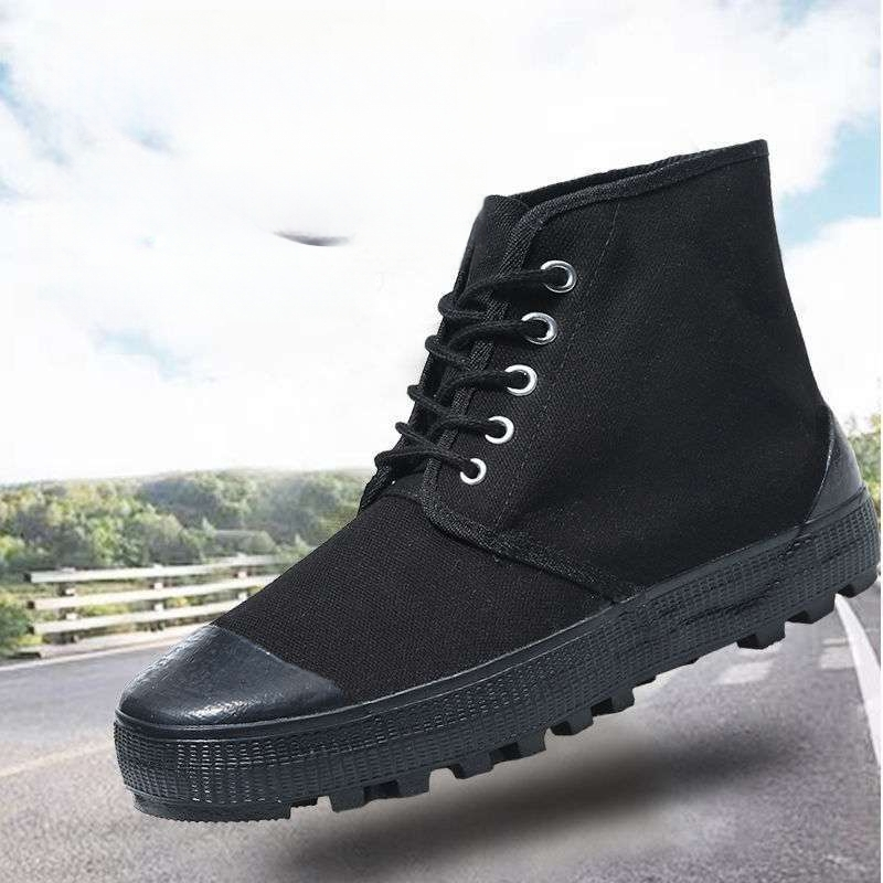 Vyriniai darbiniai bateliai iš drobės su gumine padų, anti-slydim ir atsparūs dilimui, vidutinio aukščio pirštų apsauga iš odos, raišteliai