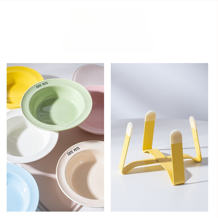 Керамична котешка купа за храна и вода на висока стойка с защита на шията и метална рамка, автоматично хранене