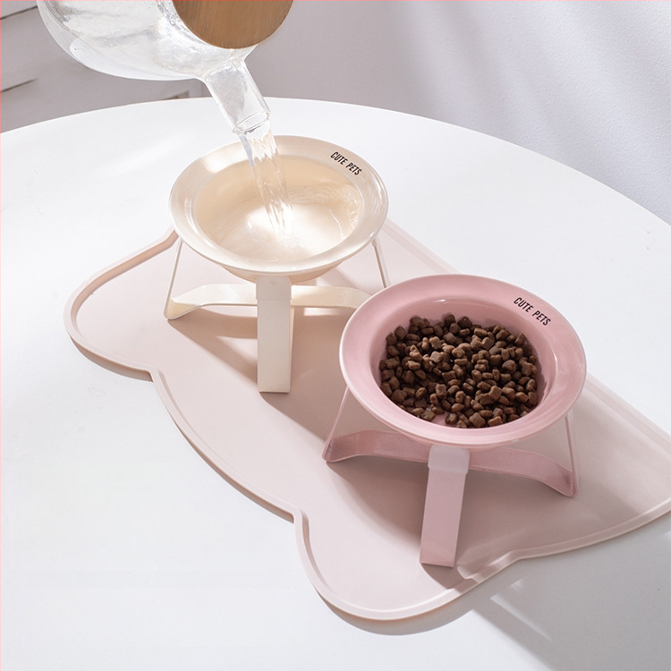 Керамична котешка купа за храна и вода на висока стойка с защита на шията и метална рамка, автоматично хранене