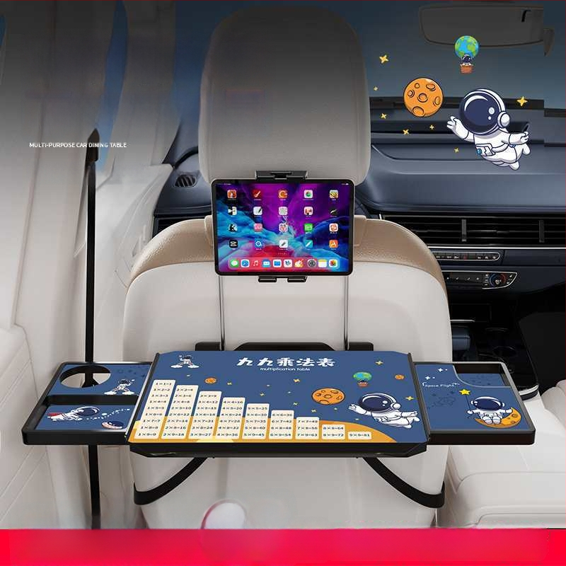 Automobiļa neliels koka galdiņš ar saliekamu galdu pie vadītāja; aizmugures sēdekļa galds ēšanai un mājasdarbiem; sienas stiprinājums atzveltnei; universāls derīgums