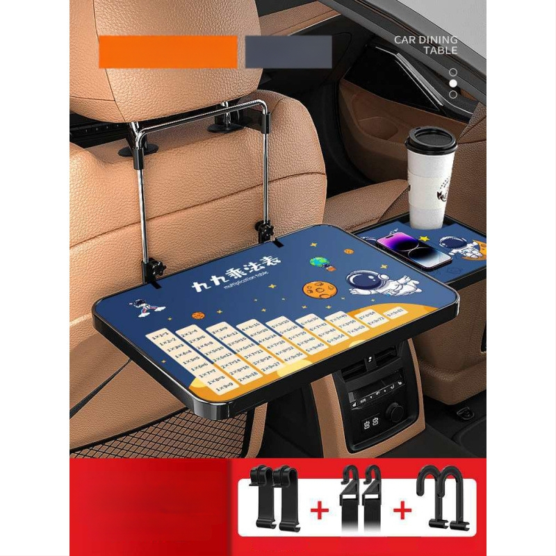 Automobiļa neliels koka galdiņš ar saliekamu galdu pie vadītāja; aizmugures sēdekļa galds ēšanai un mājasdarbiem; sienas stiprinājums atzveltnei; universāls derīgums