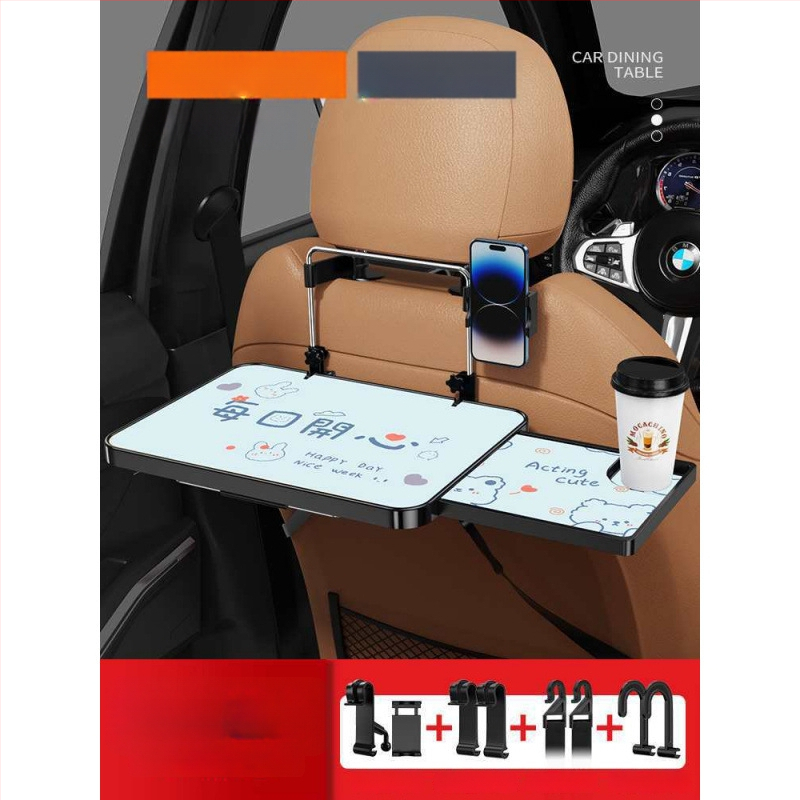 Automobiļa neliels koka galdiņš ar saliekamu galdu pie vadītāja; aizmugures sēdekļa galds ēšanai un mājasdarbiem; sienas stiprinājums atzveltnei; universāls derīgums