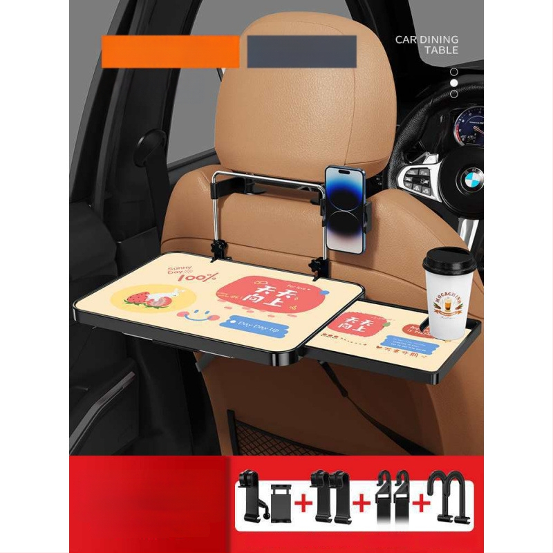 Automobiļa neliels koka galdiņš ar saliekamu galdu pie vadītāja; aizmugures sēdekļa galds ēšanai un mājasdarbiem; sienas stiprinājums atzveltnei; universāls derīgums