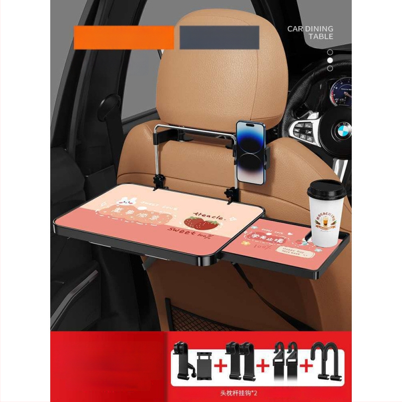 Automobiļa neliels koka galdiņš ar saliekamu galdu pie vadītāja; aizmugures sēdekļa galds ēšanai un mājasdarbiem; sienas stiprinājums atzveltnei; universāls derīgums