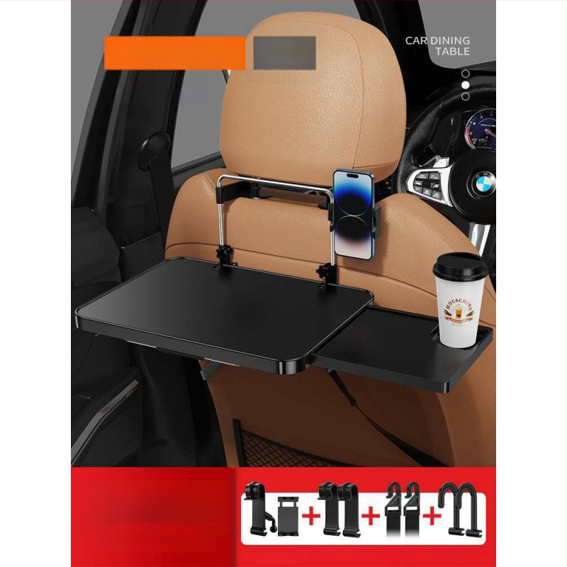 Automobiļa neliels koka galdiņš ar saliekamu galdu pie vadītāja; aizmugures sēdekļa galds ēšanai un mājasdarbiem; sienas stiprinājums atzveltnei; universāls derīgums