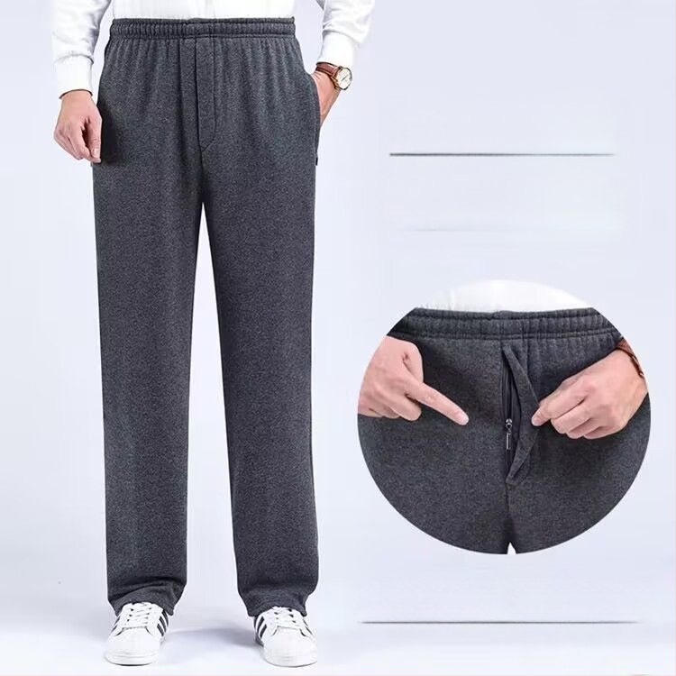 Vyrų tiesaus kirpimo sportinės kelnės su fliso įdėklu, poliesterio audinys, rudens–žiemos sezonui, aukštas liemuo, vyresnio amžiaus asmenims, laisvalaikio apranga