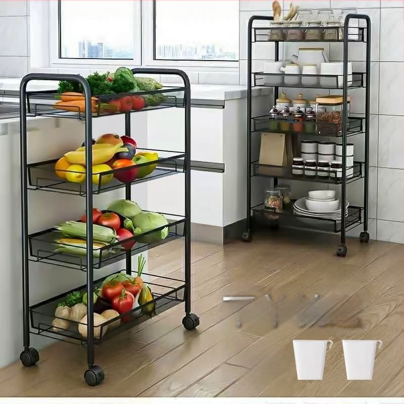 Sešas līmeņu nerūsējošā tērauda mobilais uzglabāšanas plaukts ar riteņiem, grīdā stāvošs, piemērots virtuvei un guļamistabai (6 līmeņi; nerūsējošs tērauds; riteņi)