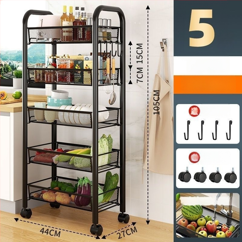 Sešas līmeņu nerūsējošā tērauda mobilais uzglabāšanas plaukts ar riteņiem, grīdā stāvošs, piemērots virtuvei un guļamistabai (6 līmeņi; nerūsējošs tērauds; riteņi)