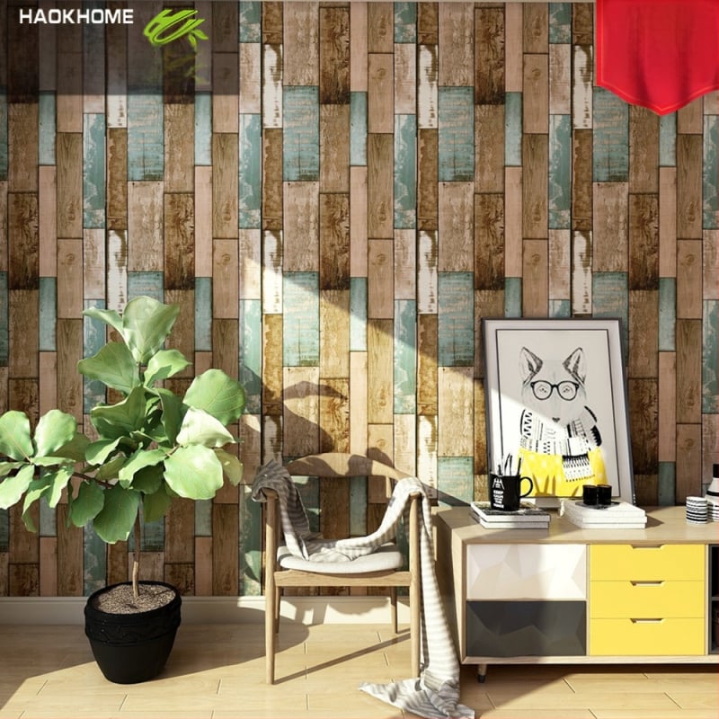 HAOKHOME/Hulk pašlīmējamā PVC tapete ar koka graudu tekstūru, retro stils, trīslāņu konstrukcija
