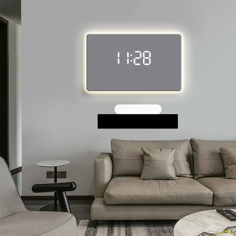 Taisnstūra sienas pulkstenis ar digitālo displeju, LED atmosfēras apgaismojumu, ārēja barošana un lecējošu sekundes kustību
