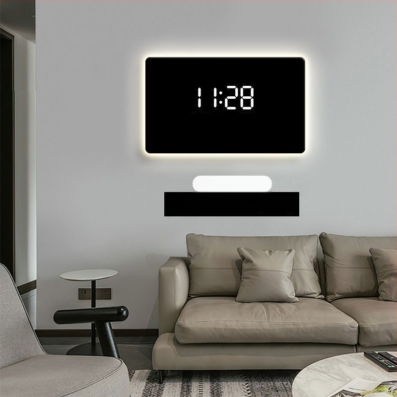 Taisnstūra sienas pulkstenis ar digitālo displeju, LED atmosfēras apgaismojumu, ārēja barošana un lecējošu sekundes kustību