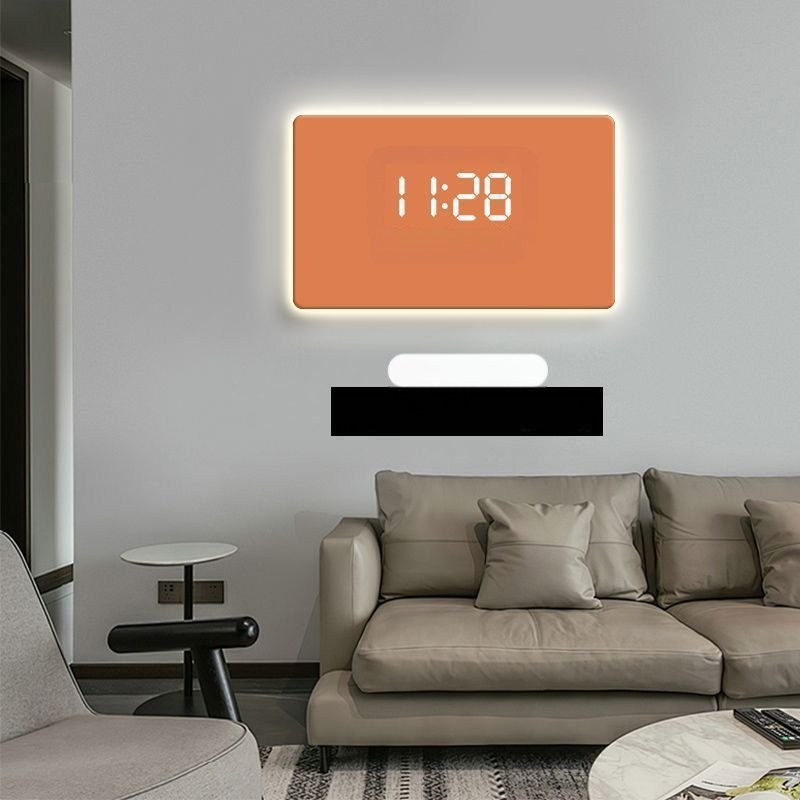 Taisnstūra sienas pulkstenis ar digitālo displeju, LED atmosfēras apgaismojumu, ārēja barošana un lecējošu sekundes kustību