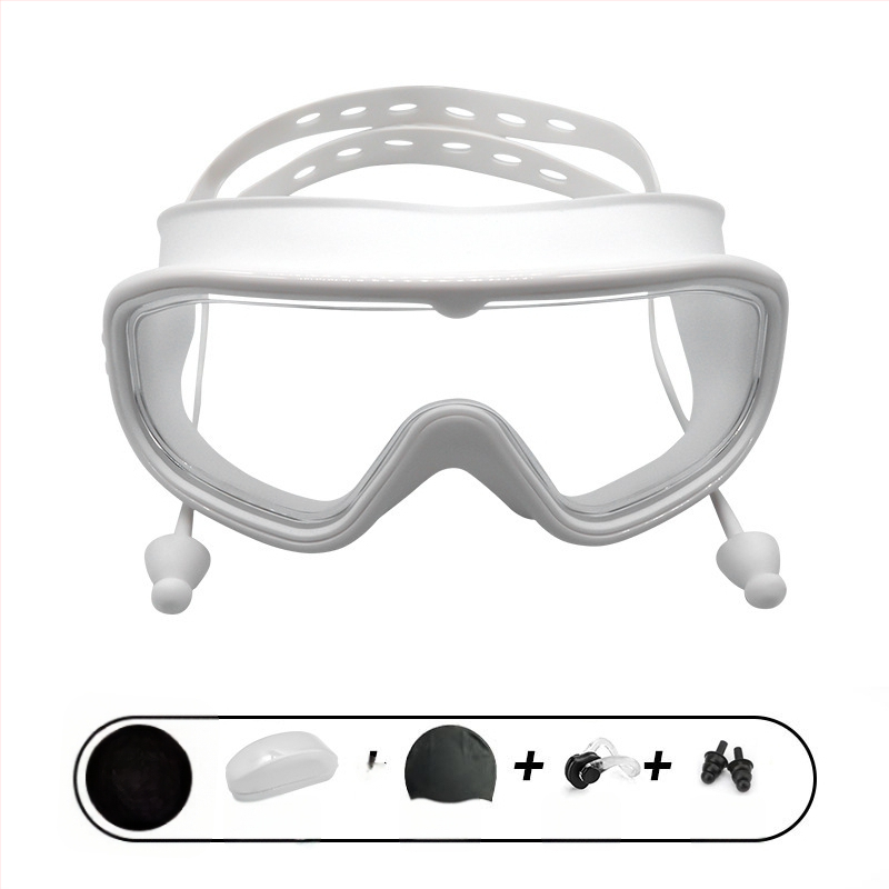 Γυαλιά κολύμβησης με μεγάλους φακούς, αντιθαμβωτικά, αδιάβροχα, PC φακοί, για ενήλικες, σετ με κλιπ μύτης και σκουφάκι κολύμβησης