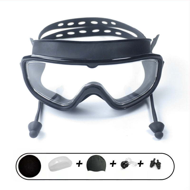 Γυαλιά κολύμβησης με μεγάλους φακούς, αντιθαμβωτικά, αδιάβροχα, PC φακοί, για ενήλικες, σετ με κλιπ μύτης και σκουφάκι κολύμβησης