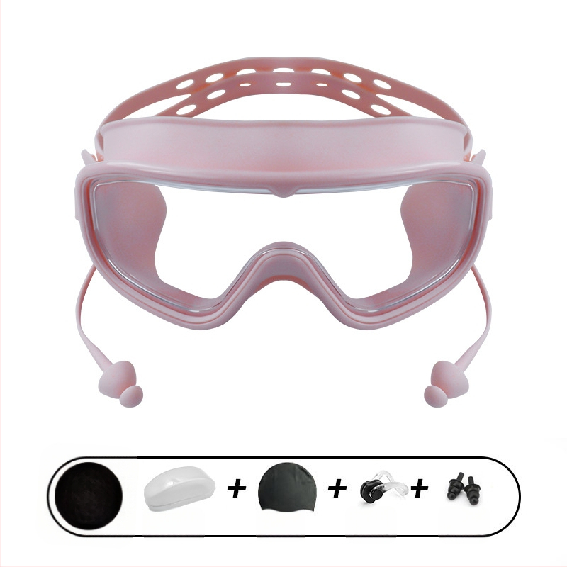 Γυαλιά κολύμβησης με μεγάλους φακούς, αντιθαμβωτικά, αδιάβροχα, PC φακοί, για ενήλικες, σετ με κλιπ μύτης και σκουφάκι κολύμβησης