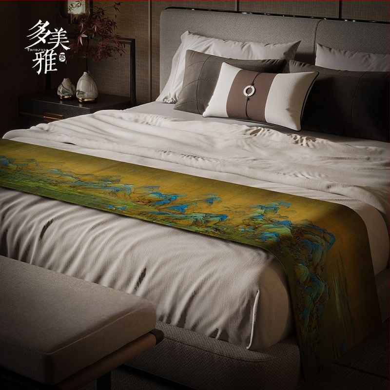 Új kínai stílusú ágyvégi törölköző, vízálló, poliészter, táj mintázat, hotel stílusban, Domeya
