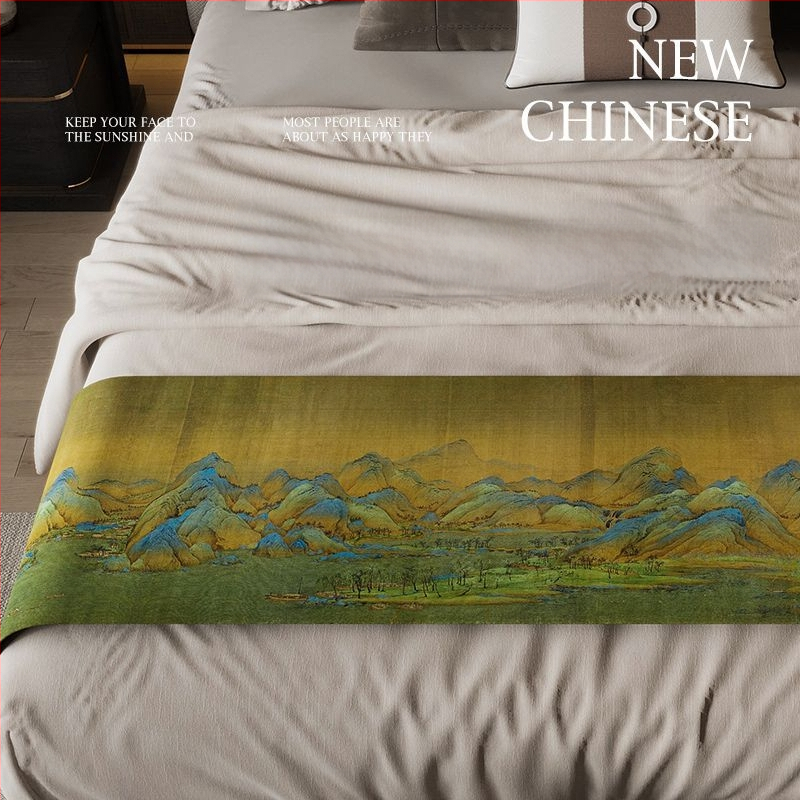 Új kínai stílusú ágyvégi törölköző, vízálló, poliészter, táj mintázat, hotel stílusban, Domeya