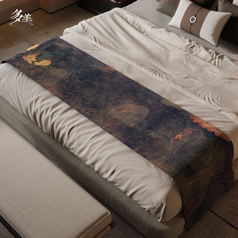 Új kínai stílusú ágyvégi törölköző, vízálló, poliészter, táj mintázat, hotel stílusban, Domeya