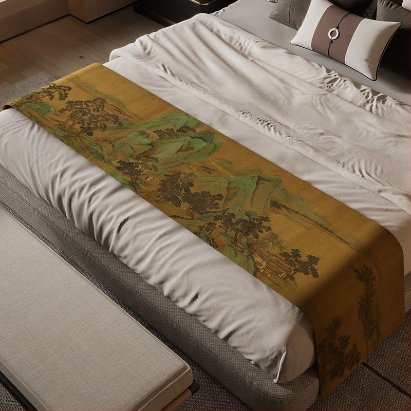 Új kínai stílusú ágyvégi törölköző, vízálló, poliészter, táj mintázat, hotel stílusban, Domeya