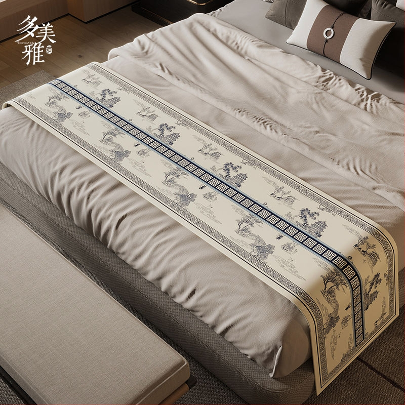 Új kínai stílusú ágyvégi törölköző, vízálló, poliészter, táj mintázat, hotel stílusban, Domeya