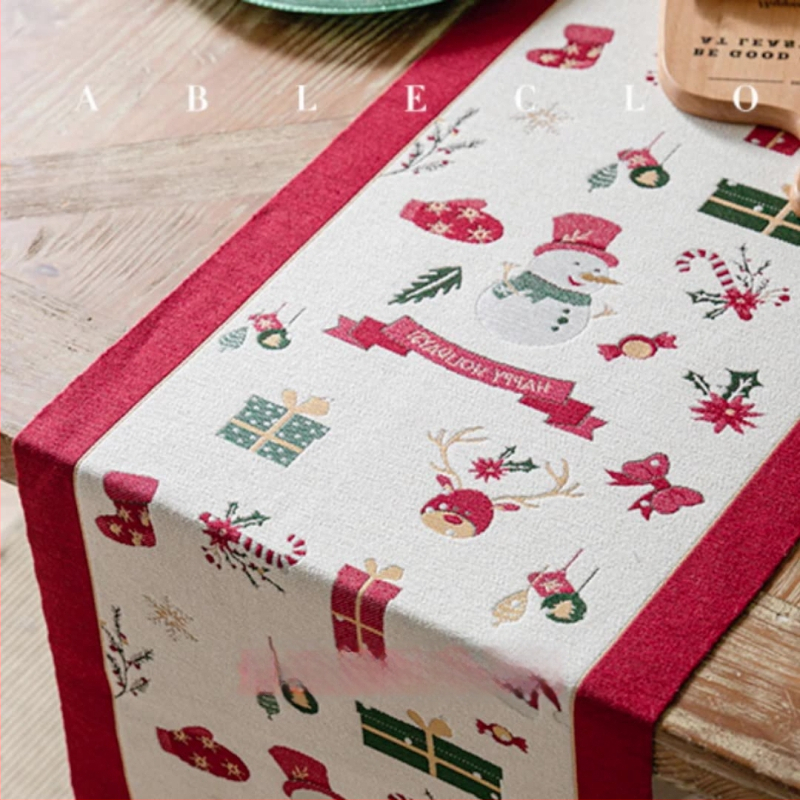 Yingchuang Jacquard Poliester Steag de masă cu Motive de Crăciun: Om de zăpadă și Ren cu ciucuri – Model Cartoon, Compoziție 90/10 Poliester, Decor pentru living/dormitor/birou