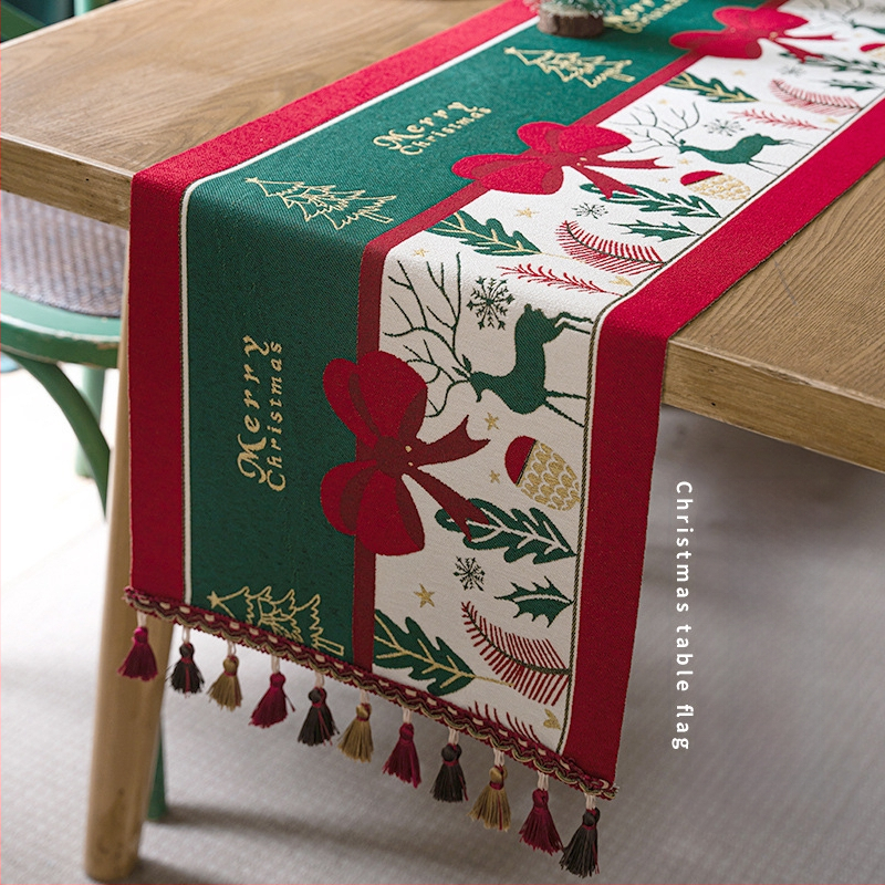 Yingchuang Jacquard Poliester Steag de masă cu Motive de Crăciun: Om de zăpadă și Ren cu ciucuri – Model Cartoon, Compoziție 90/10 Poliester, Decor pentru living/dormitor/birou