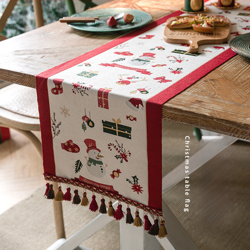 Yingchuang Jacquard Poliester Steag de masă cu Motive de Crăciun: Om de zăpadă și Ren cu ciucuri – Model Cartoon, Compoziție 90/10 Poliester, Decor pentru living/dormitor/birou