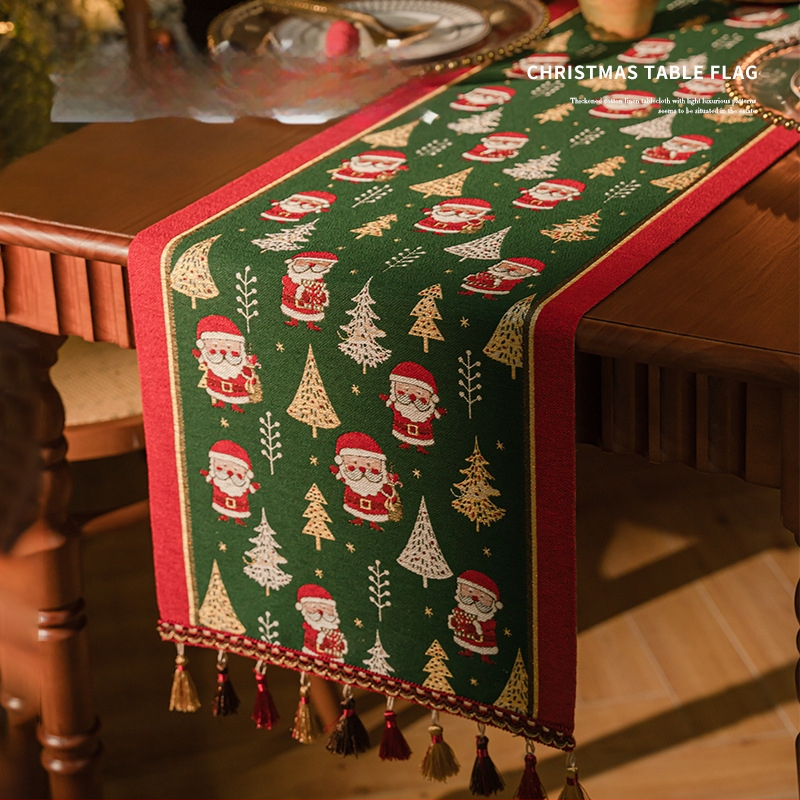 Yingchuang Jacquard Poliester Steag de masă cu Motive de Crăciun: Om de zăpadă și Ren cu ciucuri – Model Cartoon, Compoziție 90/10 Poliester, Decor pentru living/dormitor/birou