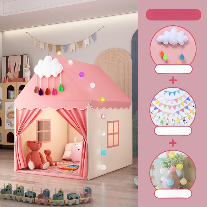 Iekštelpu bērnu telts spēļu māja – pils princeses dizains, trīsslāņaina konstrukcija, kokvilnas audumi, ūdensizturība zem 1000 mm