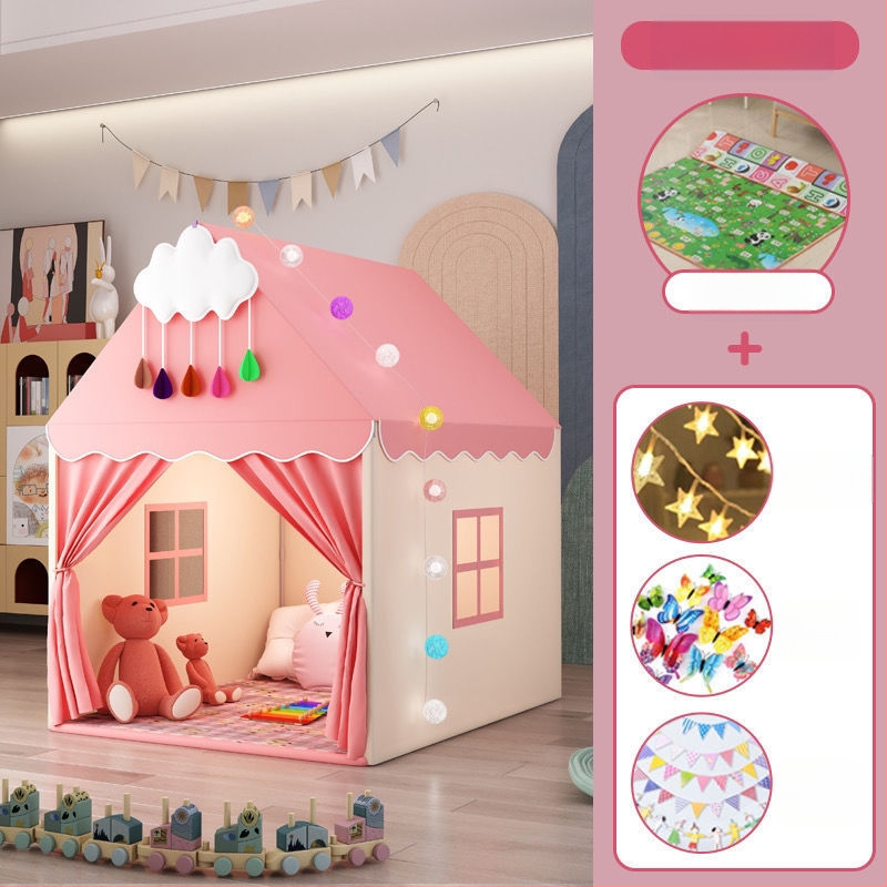 Iekštelpu bērnu telts spēļu māja – pils princeses dizains, trīsslāņaina konstrukcija, kokvilnas audumi, ūdensizturība zem 1000 mm
