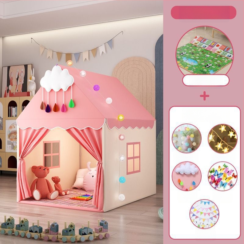 Iekštelpu bērnu telts spēļu māja – pils princeses dizains, trīsslāņaina konstrukcija, kokvilnas audumi, ūdensizturība zem 1000 mm