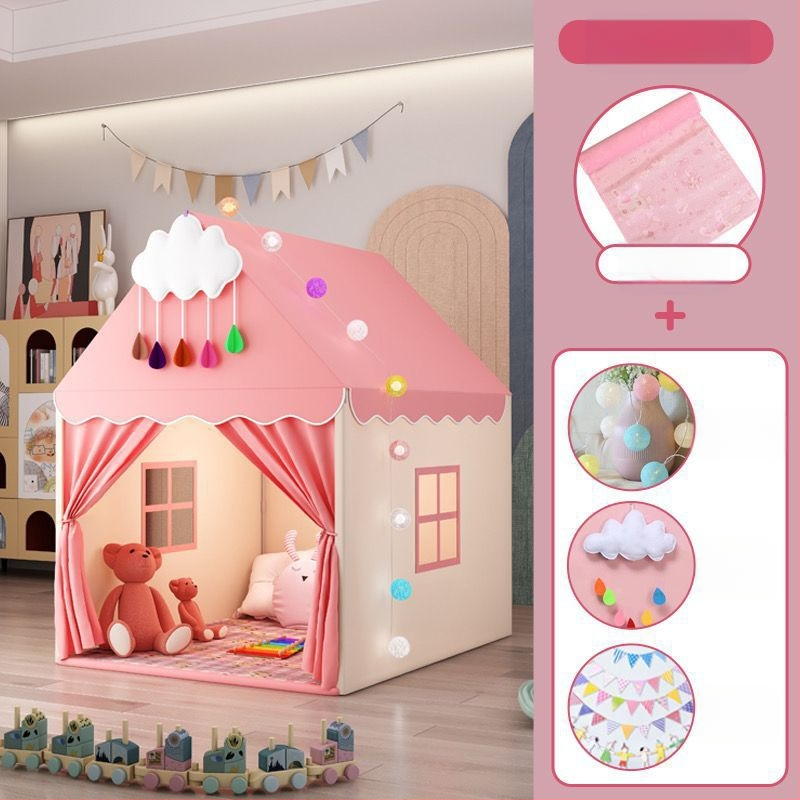 Iekštelpu bērnu telts spēļu māja – pils princeses dizains, trīsslāņaina konstrukcija, kokvilnas audumi, ūdensizturība zem 1000 mm