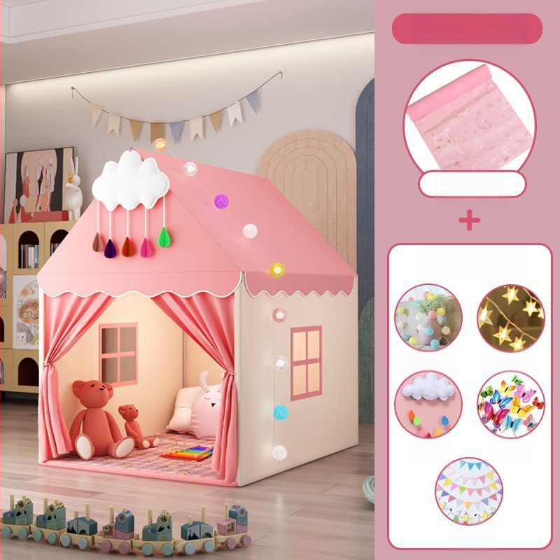 Iekštelpu bērnu telts spēļu māja – pils princeses dizains, trīsslāņaina konstrukcija, kokvilnas audumi, ūdensizturība zem 1000 mm
