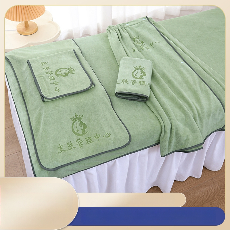 Szépségszalon törölközőkészlet – öt darabos, mikroszálas törölközők, tartalmaz nagy ágyneműtörölközőt és fejkendő-törölközőt, testreszabás és logónyomás elérhető, grammsúly 70/150/180/500/600 g