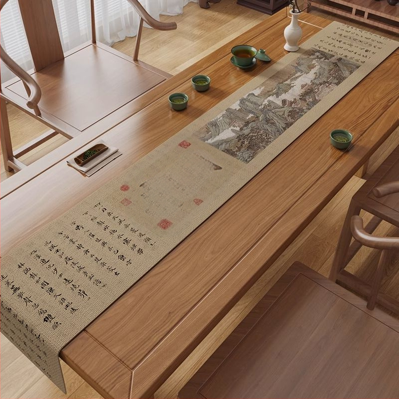 Steag de masă pentru ceai - Zen, impermeabil covoraș pentru masă de ceai, poliester cu nylon, model cu plante, stil chinezesc