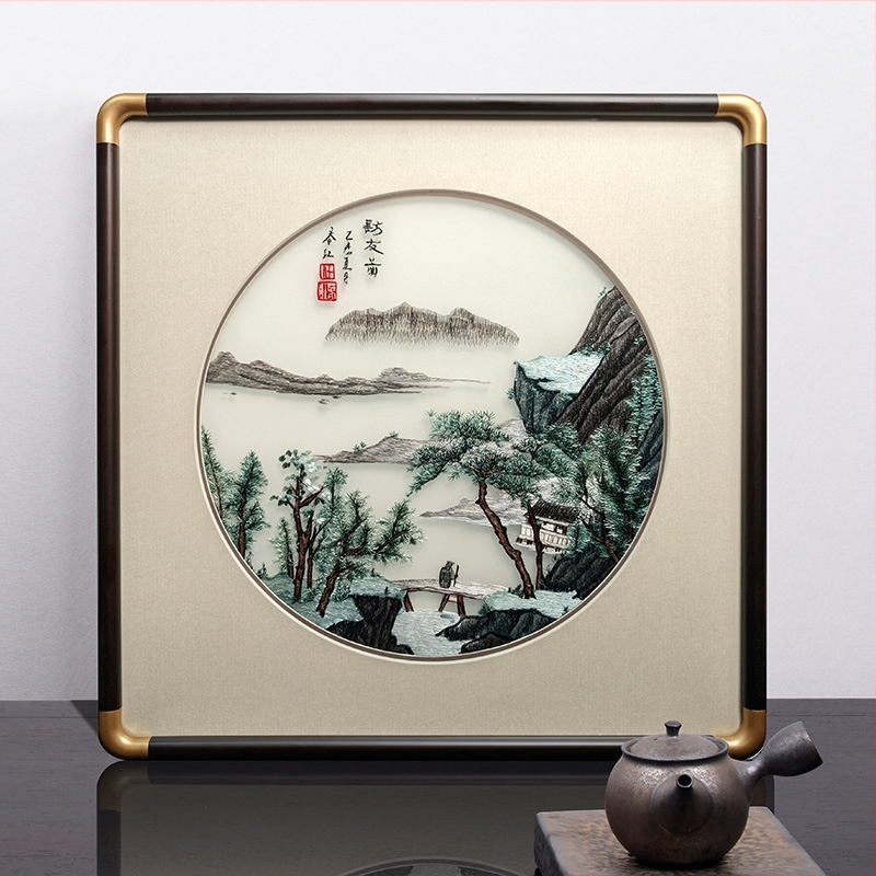 Roku darīta sienas glezna ar ainavu, ziediem un putniem (materiāls: zīds; stils: vispārīgs mērķis; telpa: viesistaba)