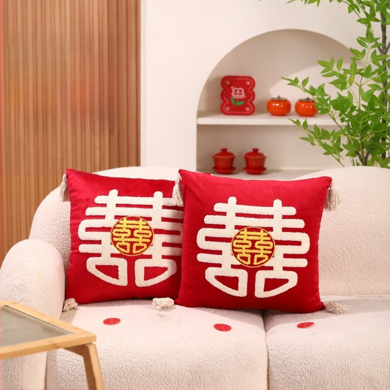 Pāris laulību spilveni ar uzrakstu Double Happiness svētku guļamistabas dekorēšanai, kokvilnas audums, kokvilnas pildījums, laulību stils