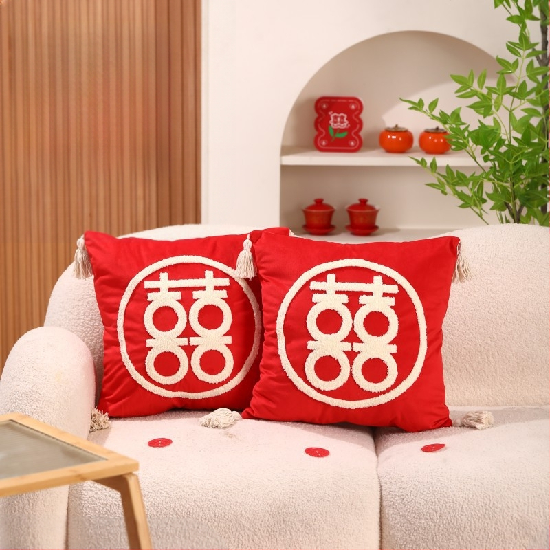 Pāris laulību spilveni ar uzrakstu Double Happiness svētku guļamistabas dekorēšanai, kokvilnas audums, kokvilnas pildījums, laulību stils