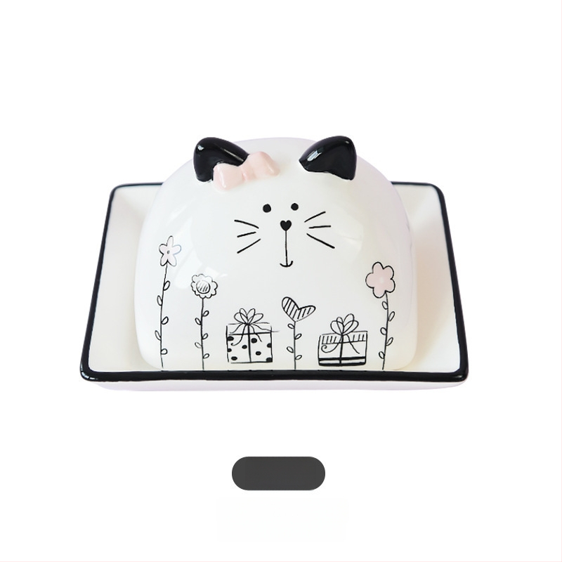 Porcelāna kaķu uzglabāšanas trauks – noslēgts, mitruma izturīgs, apaļš formāts, karikatūras raksts, moderna vienkārša stila, mikroviļņu krāsnij piemērots