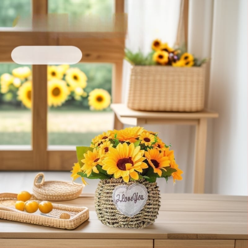 Mākslīgo saulespuķu pušķis, zīda audums, taustei draudzīga tekstūra, mājas dekoram