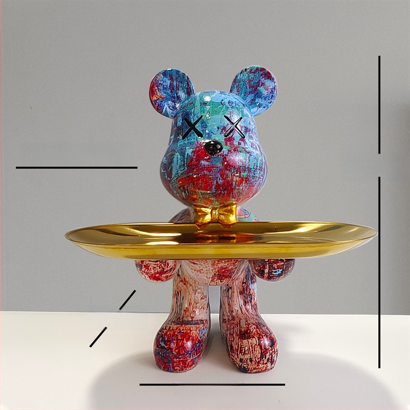 Dekoratīvs paliktnis no smolas ar karikatūras lāci, gaišā luksusa stils, roku apglezīta virsma, daudzfunkcionāla atslēgu uzglabāšana ieejai un dzīvojamajai istabai