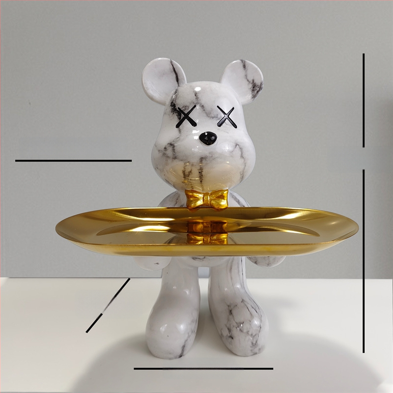 Dekoratīvs paliktnis no smolas ar karikatūras lāci, gaišā luksusa stils, roku apglezīta virsma, daudzfunkcionāla atslēgu uzglabāšana ieejai un dzīvojamajai istabai