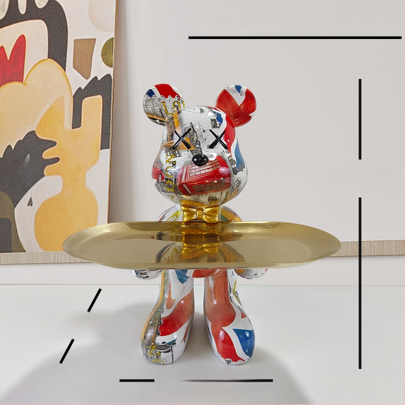 Dekoratīvs paliktnis no smolas ar karikatūras lāci, gaišā luksusa stils, roku apglezīta virsma, daudzfunkcionāla atslēgu uzglabāšana ieejai un dzīvojamajai istabai