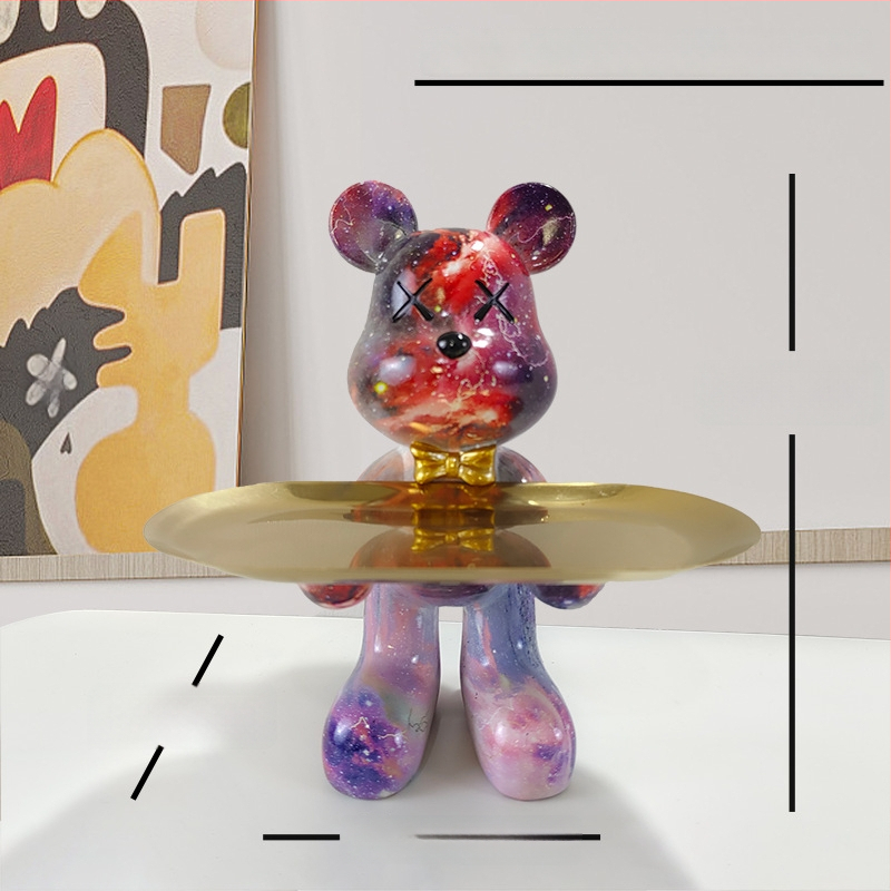 Dekoratīvs paliktnis no smolas ar karikatūras lāci, gaišā luksusa stils, roku apglezīta virsma, daudzfunkcionāla atslēgu uzglabāšana ieejai un dzīvojamajai istabai