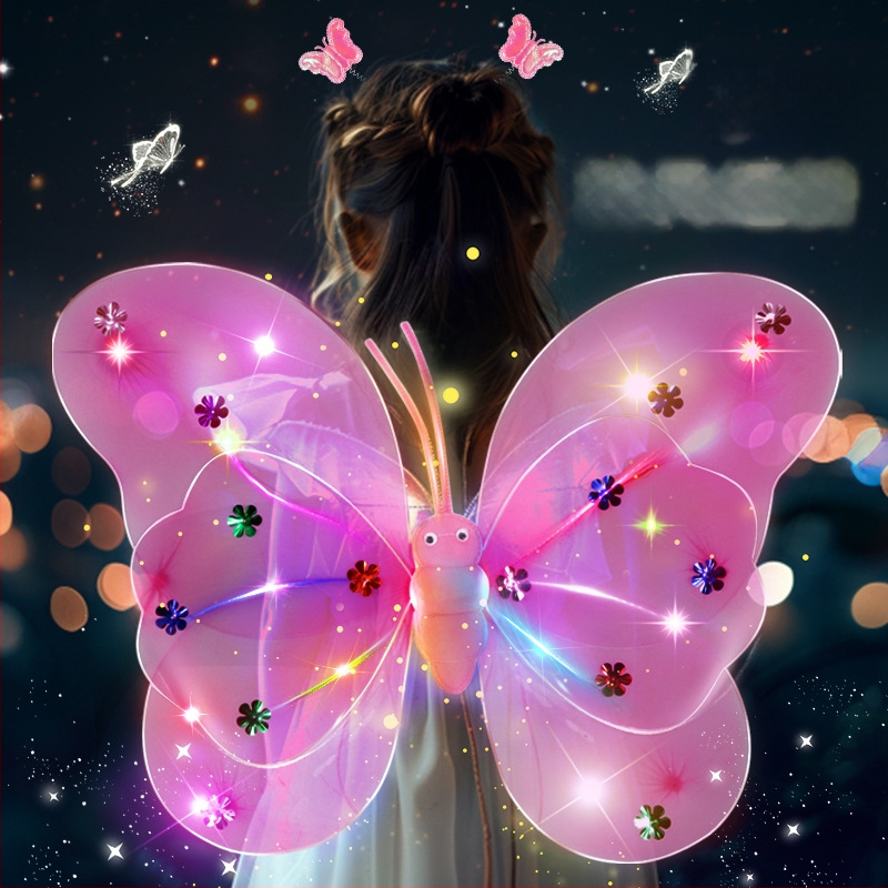 Világító angyali pillangó szárnyak, tündérpálca és hátsó kiegészítő – műanyag játék 0–3 éveseknek