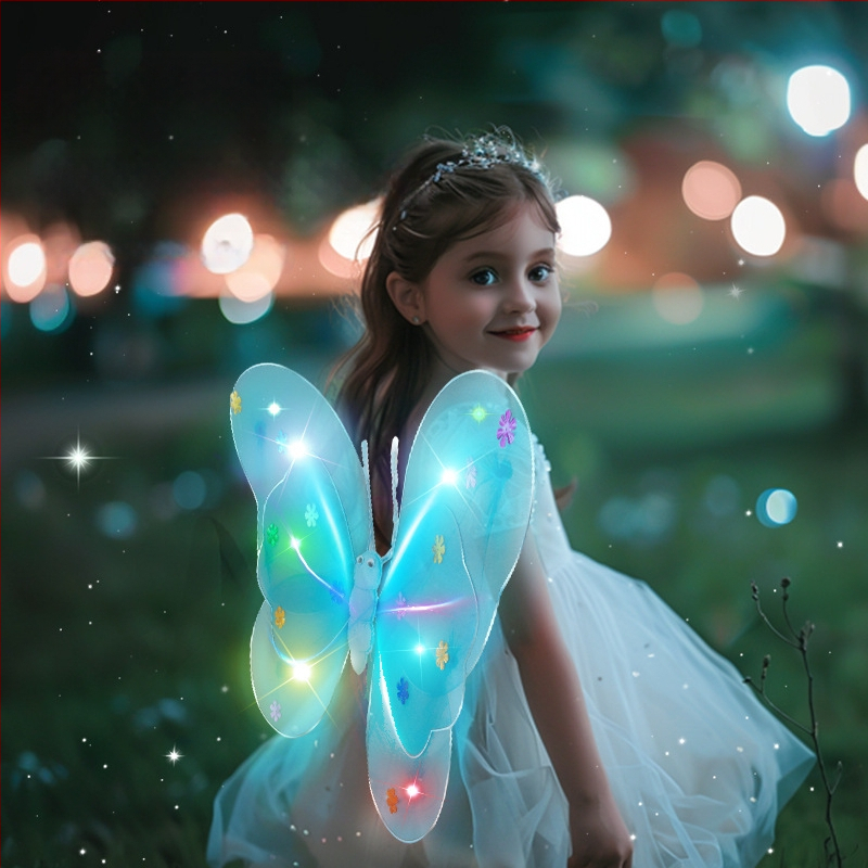 Világító angyali pillangó szárnyak, tündérpálca és hátsó kiegészítő – műanyag játék 0–3 éveseknek