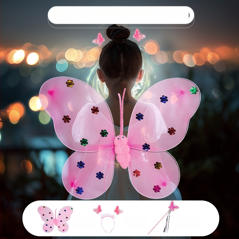 Világító angyali pillangó szárnyak, tündérpálca és hátsó kiegészítő – műanyag játék 0–3 éveseknek