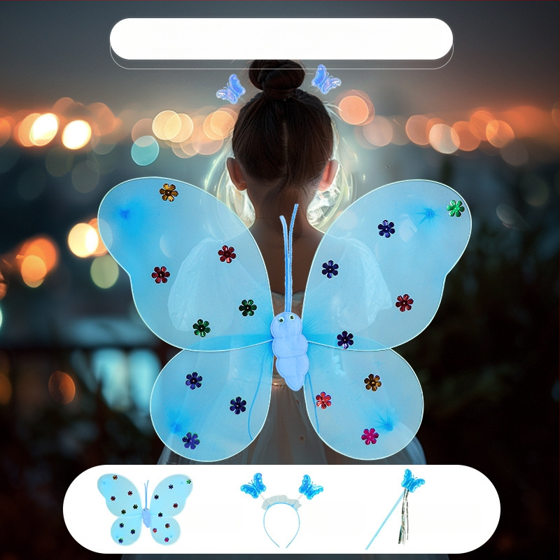 Világító angyali pillangó szárnyak, tündérpálca és hátsó kiegészítő – műanyag játék 0–3 éveseknek