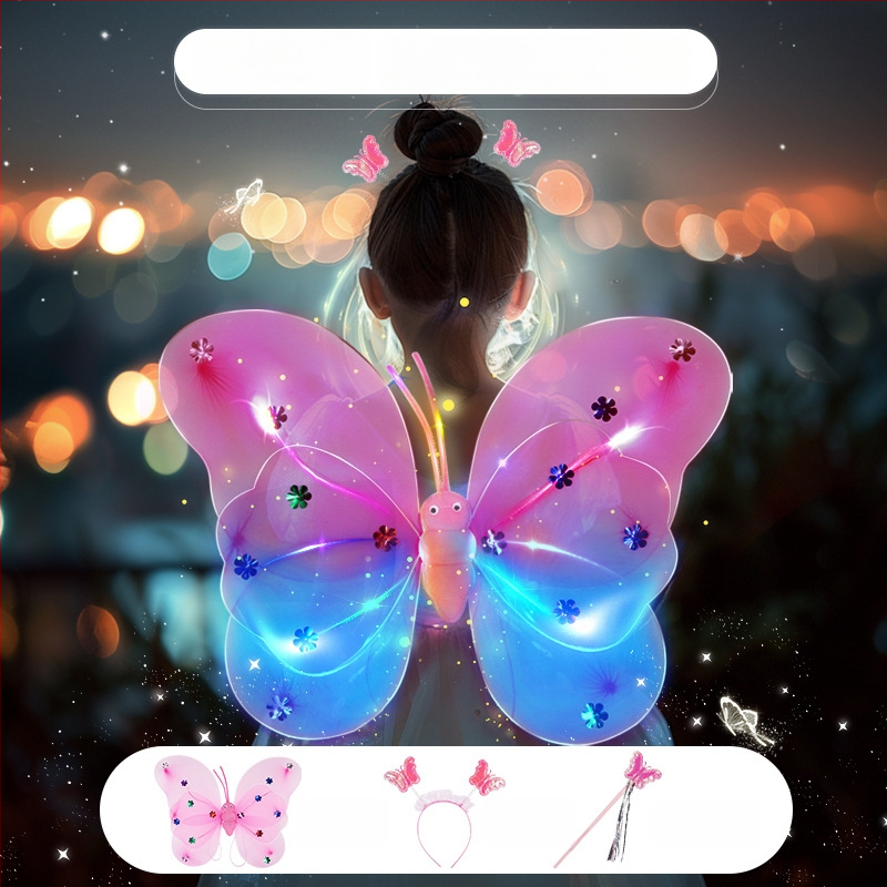 Világító angyali pillangó szárnyak, tündérpálca és hátsó kiegészítő – műanyag játék 0–3 éveseknek