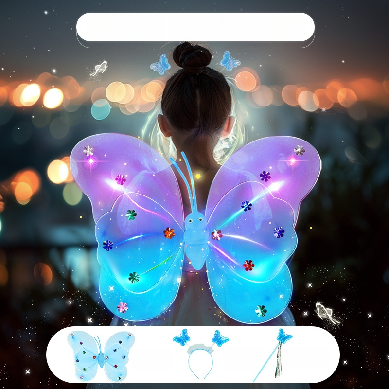 Világító angyali pillangó szárnyak, tündérpálca és hátsó kiegészítő – műanyag játék 0–3 éveseknek